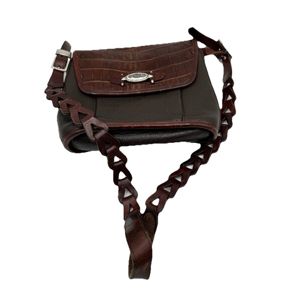 Brighton Vintage Croc Embossed Pebbled Leather Flap Over Brown Purse Bag - Picture 11 of 13